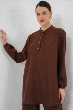 6678 Linen Tunic Trousers Two Piece Suit - Brown