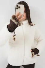 5178 Astarlı Peluş Mont - Beyaz