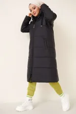 Manteau long matelassé à capuche T5120 - Noir