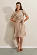 2370 Kuşaklı Örme Elbise - Bej