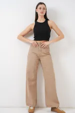 Kadın Bol Paça Yüksek Bel Palazzo Kot Pantolon 6656 - Vizon