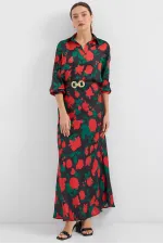 Women's Black Red Patterned Satin Two-Piece Suit 8018