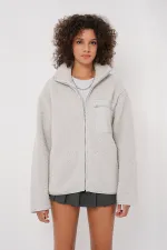 55446 Zippered Oversize Plush Jacket - Stone