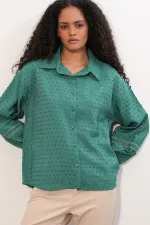 Women's Oversize Patterned Shirt 20379 - Emerald Green Women's Oversize Patterned Shirt 20379 - Emerald Green