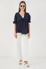 Kadın Önü Bağcıklı Kısa Kol Bluz 962 - Lacivert