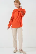 Kadın Nakışlı Örme Bluz 941 - Turuncu