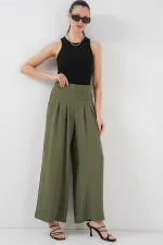 Kadın Geniş Paça Pileli Pantolon 6718 - Haki