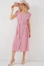 Kadın Sıfır Kol Kuşaklı Ayrobin Elbise 2568 - Pudra