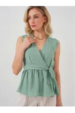 Kadın Kruvaze Yaka Kolsuz Bluz 966 - Çağla