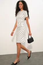 Women's Polka Dot Dress with Bow Detail 2617 - White Women's Polka Dot Dress with Bow Detail 2617 - White