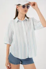 Chemise rayée à manches courtes pour femme 20345 - Bleu clair