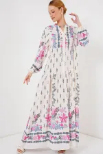 2423 Otantik Desenli Tesettür Elbise - C. Pembe