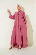 T1627 Yaka Bağcıklı Elbise - A. Pembe