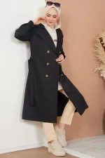 T5853 Double-Breasted Hijab Trench Coat - Black T5853 Double-Breasted Hijab Trench Coat - Black