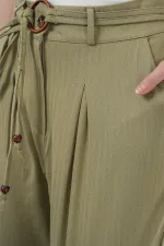 6660 Kemerli Keten Pantolon - Haki