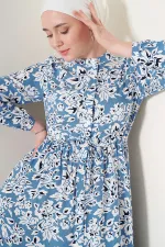 2144 Hakim Yaka Tesettür Elbise - Mavi