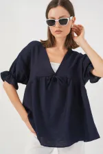 Kadın Önü Bağcıklı Kısa Kol Bluz 962 - Lacivert