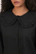 Women's Wide Collar Ruffle Detail Striped Tunic Shirt 5993 - Black