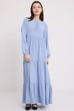 Kadın Mavi Yaka Bağcıklı Viskon Boydan Tesettür Elbise 1627