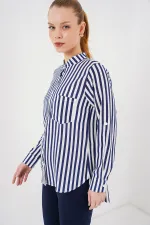 Kadın Uzun Kollu Çizgili Gömlek 20283 - Lacivert