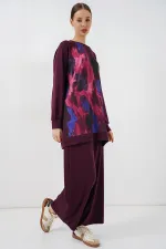 Kadın Desenli Oversize Tunik Pantolon İkili Takım 55462 - Mor