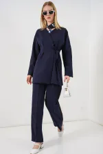 Kadın Yandan Bağlamalı Ceket Pantolon İkili Takım 30099 - Lacivert