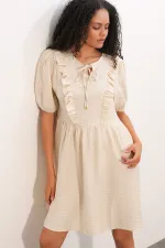 Women's Tie-Neck Short-Sleeve Ruched Dress 2600 - Cream