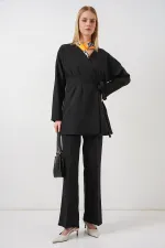 Kadın Yandan Bağlamalı Ceket Pantolon İkili Takım 30099 - Siyah