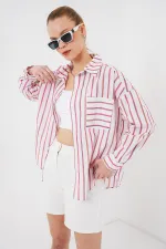 Kadın Çizgili Oversize Gömlek 20278 - Kırmızı