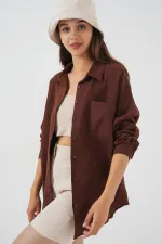 Kadın Tek Cepli Oversize Müslin Gömlek 20353 - Kahverengi