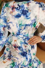 Kadın Desenli Uzun Tesettür Elbise 2586 - Saks