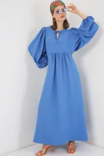 Robe longue hijab à manches ballon pour femme 2464 - Indigo