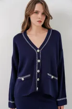 Women's Embroidered Knitwear Cardigan Trousers Two-Piece Suit 15963 - Navy Blue