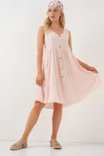 Women's Zero Sleeve Button Short Dress 2571 - Powder