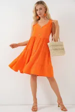 Kadın Sıfır Kol Düğmeli Kısa Elbise 2571 - Turuncu