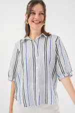 Chemise rayée à manches courtes pour femme 20345 - Bleu marine