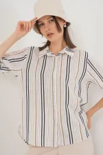 Women's Striped Short Sleeve Shirt 20345 - Beige
