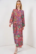 Kadın Desenli Uzun Tesettür Elbise 2585 - Çok Renkli