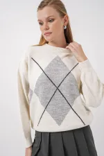 Pull oversize en maille à motif losanges - Gris clair 15895
