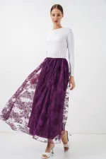 Kadın Flok Baskılı Uzun Tül Etek 8070 - Mor