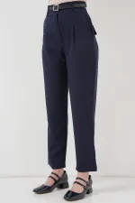 Women's Pleated Belted Fabric Trousers 6725 - Navy Blue