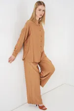 Kadın Dokulu Gömlek Pantolon İkili Takım 6710 - Camel
