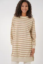 Tunique hijab rayée à col rond pour femme 55452 - Biscuit