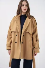 Kadın Kuşaklı Oversize Kaşe Kaban 9157 - Hardal