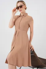 1677 Buttoned Belted Dress - Biscuit