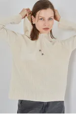 Kadın Kapüşonlu Triko Kazak 15941 - Ekru