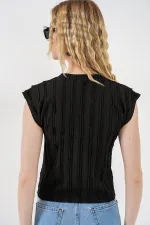 Women's Textured Sleeveless Knitted Stretch Blouse 991 - Black