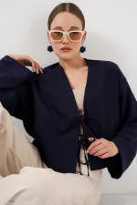 Önü Bağlamalı Keten Kimono 960 - Lacivert