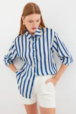 3964 Hafif Dökümlü Saten Gömlek - B.Lacivert