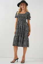 Kadın Kısa Kol Çiçekli Elbise 2556 - Siyah